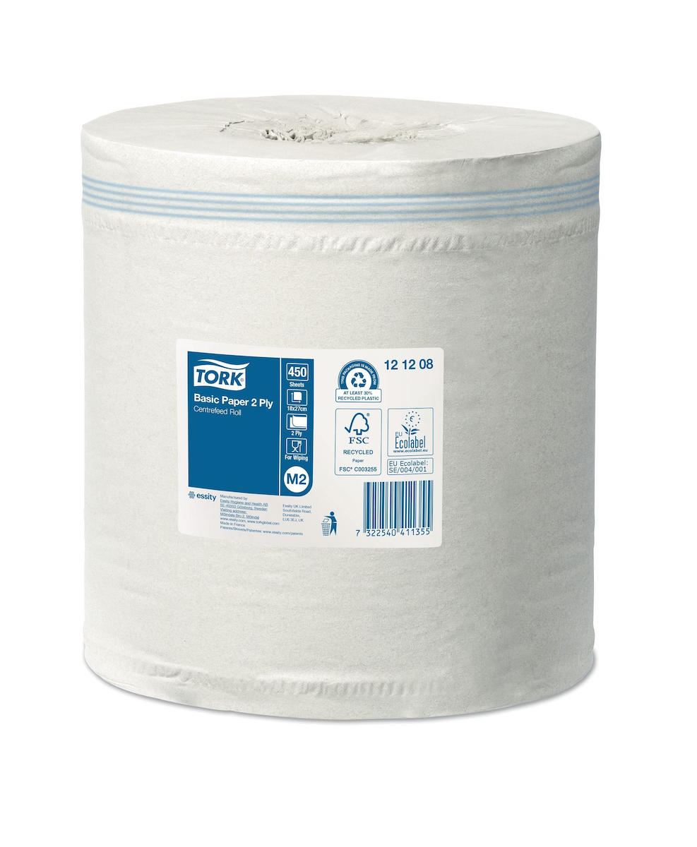 BOBINE D'ESSUYAGE DÉVIDAGE CENTRAL 2 PLIS LISSE BLANC 450 FORMATS M2