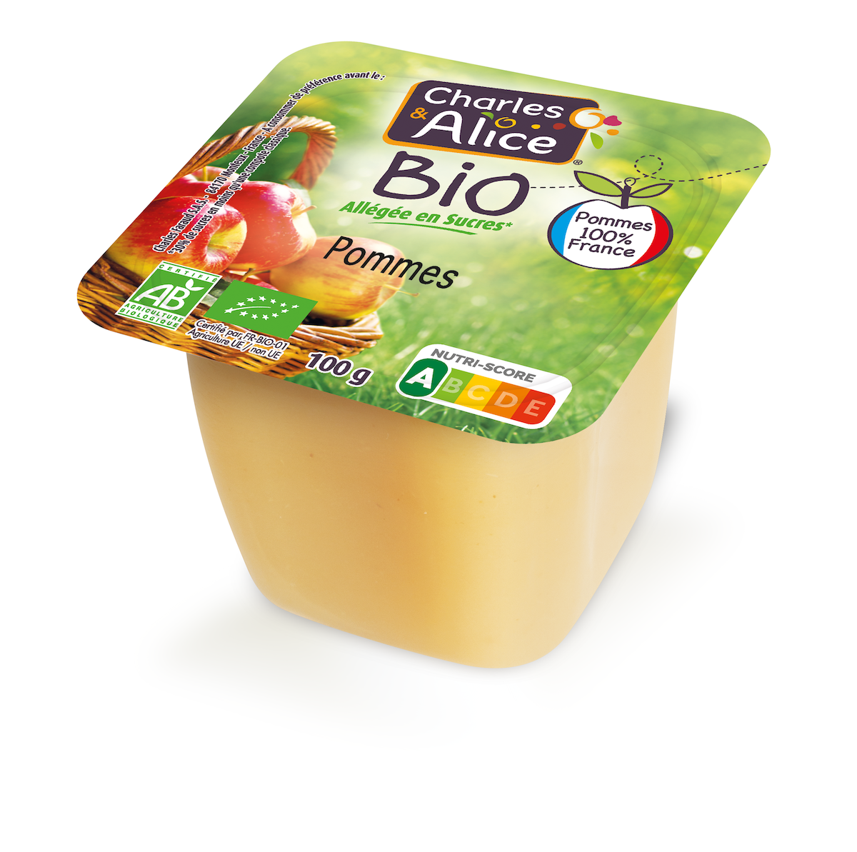COMPOTE DE POMMES  BIO ALLEGEE EN SUCRES - 100% FRANCE -COUPELLE 100G