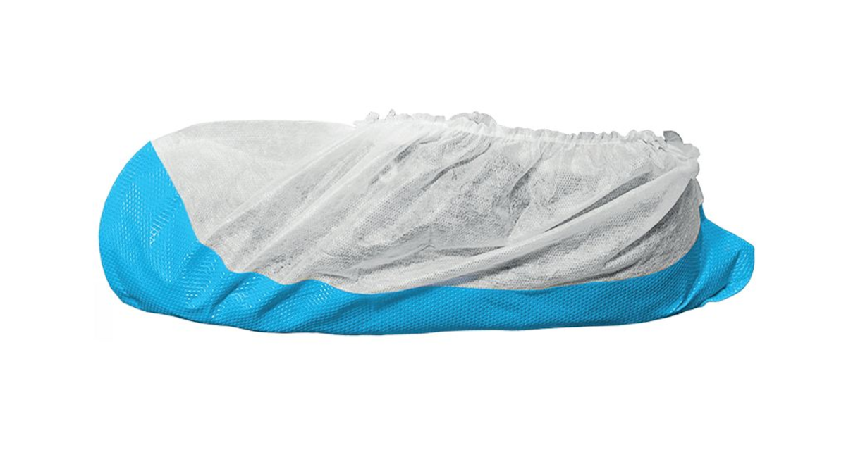 SURCHAUSSURE JETABLE PP NON TISSÉ BLANC / SEMELLE CPE BLEUE ANTI DÉRAPANTE