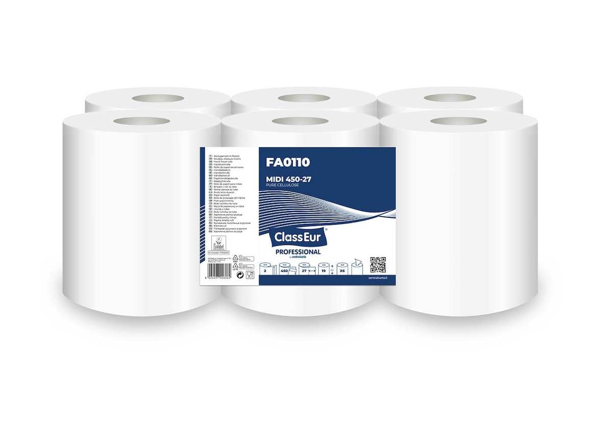 BOBINE D'ESSUYAGE DÉVIDAGE CENTRAL 2 PLIS LISSE BLANC 450 FORMATS