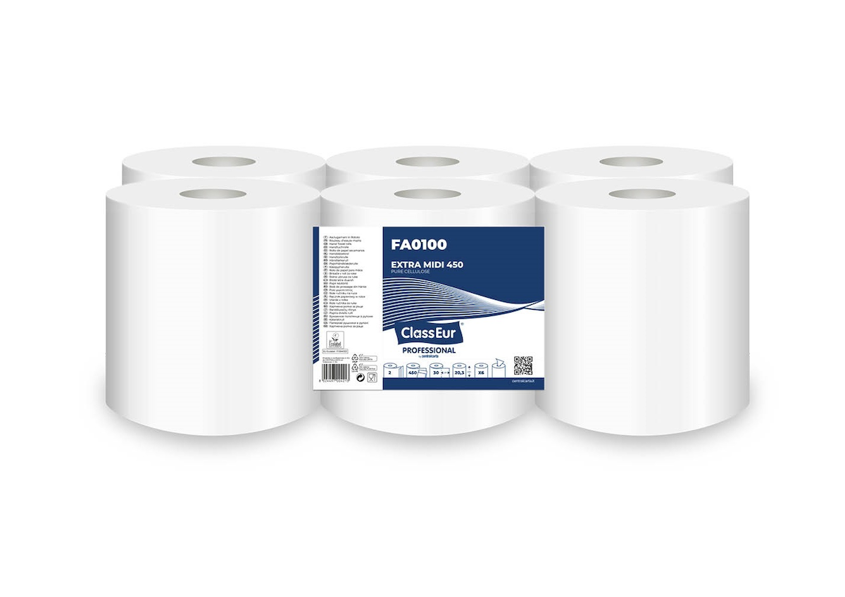 BOBINE D'ESSUYAGE DÉVIDAGE CENTRAL 2 PLIS GAUFRÉ BLANC 450 FORMATS