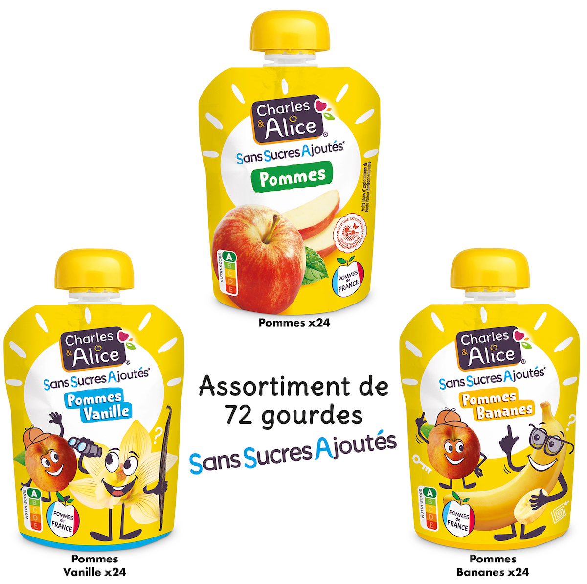 CARTON ASSORTI COMPOTE 3 PARFUMS - SSA - 100% FRANCE - 72 GOURDES DE 90 G