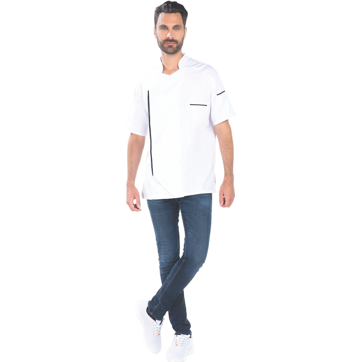 VESTE CUISINE PAOLO SATIN 50/50 BLANC/NOIR/MAILLE BLANCHE