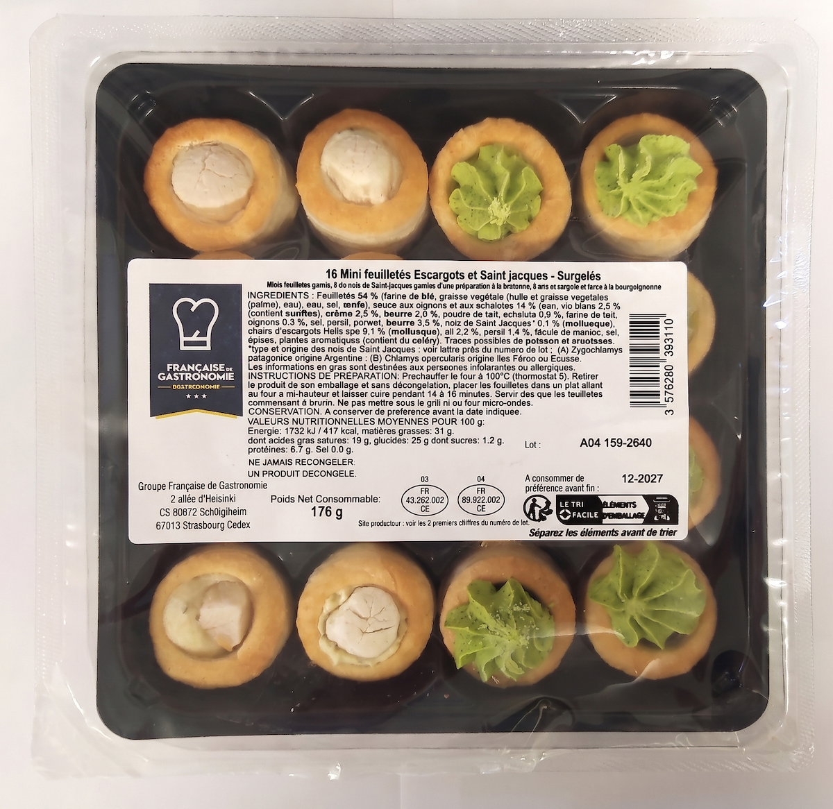 16 FEUILLETÉS APÉRITIFS 8 ESCARGOTS AIL ET PERSIL 8 ST JACQUES 176G SURG