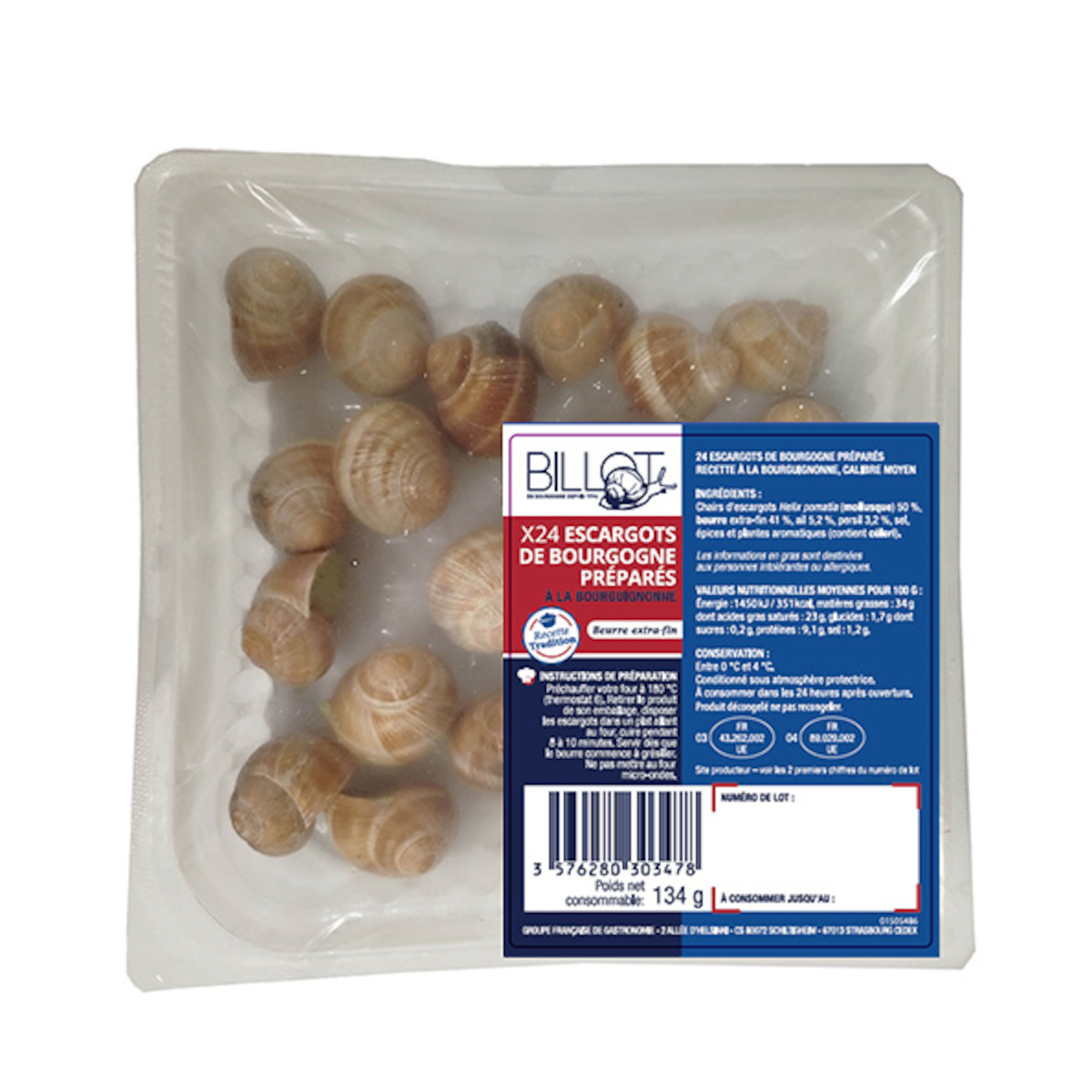 24 ESCARGOTS DE BOURGOGNE MOYENS FARCE QUALITE SUPERIEURE 134G FRAIS